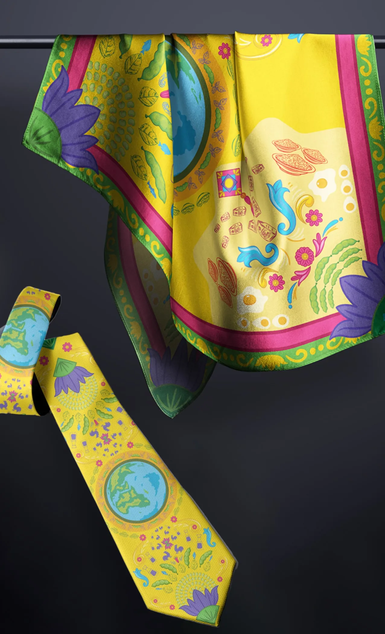 Printed silk scarf in a custom illustrated pattern, hung on a rail
